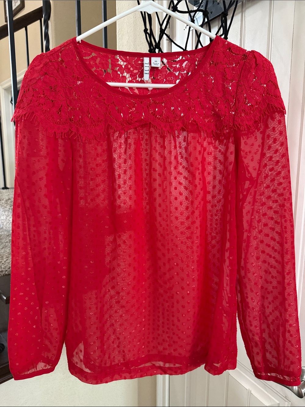 Elle Red Sheer Lace Yoke Long-Sleeve Blouse